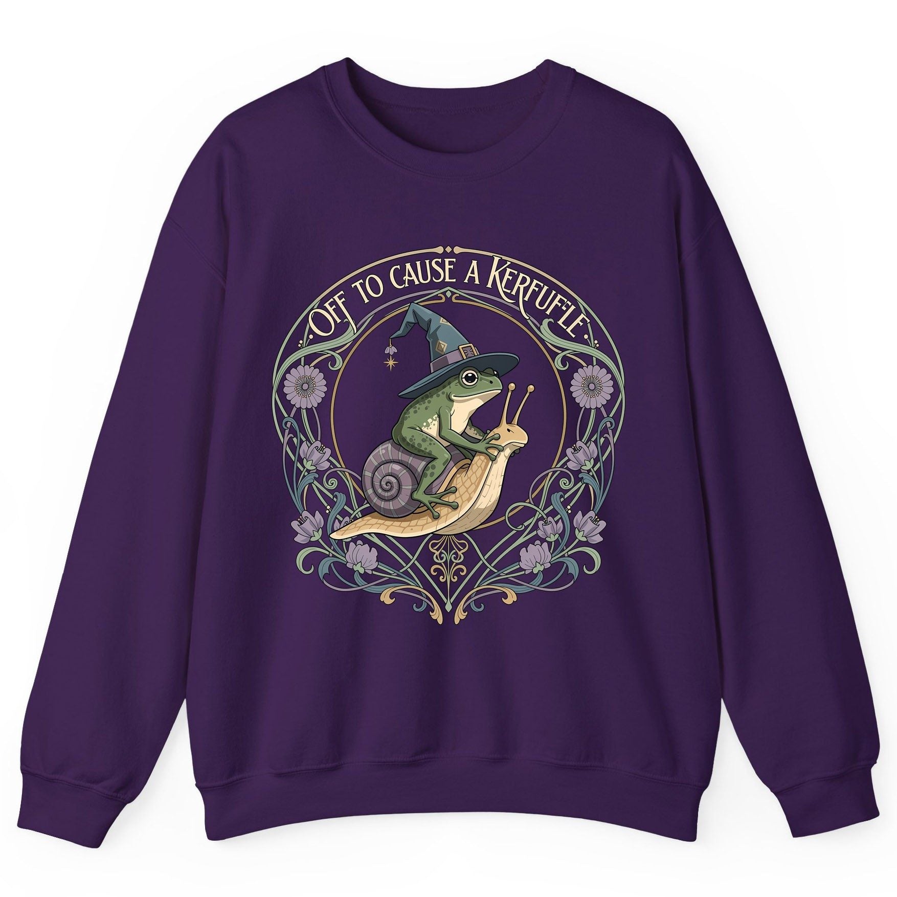 Off to Cause a Kerfuffle frog riding a snail Sweatshirt Purple product mockup