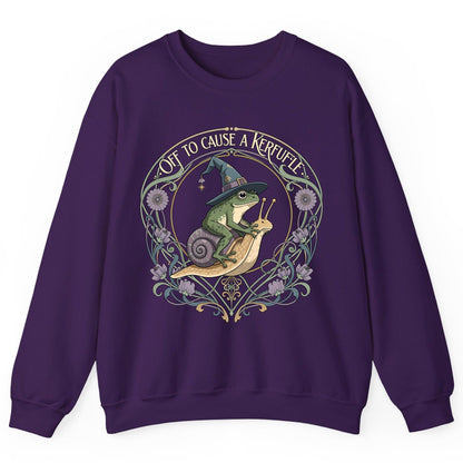 Off to Cause a Kerfuffle frog riding a snail Sweatshirt Purple product mockup
