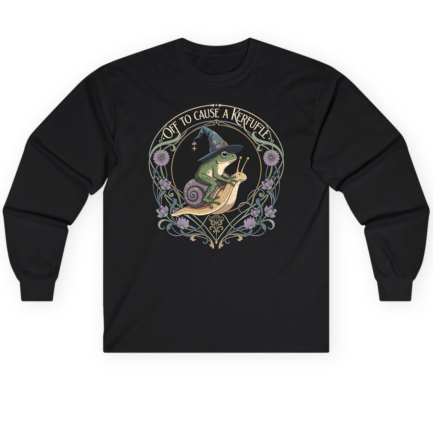 Off to Cause a Kerfuffle frog riding a snail Long Sleeve Tee Black product mockup