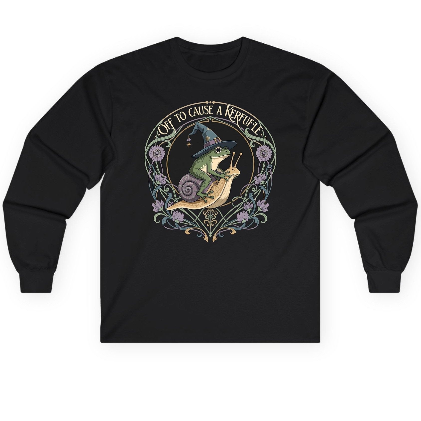 Off to Cause a Kerfuffle frog riding a snail Long Sleeve Tee Black product mockup