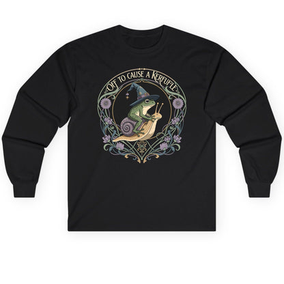 Off to Cause a Kerfuffle frog riding a snail Long Sleeve Tee Black product mockup