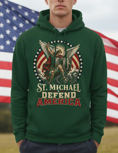 St Michael Defend America Patriotic Christian Hoodie - product mockup - Forest Green