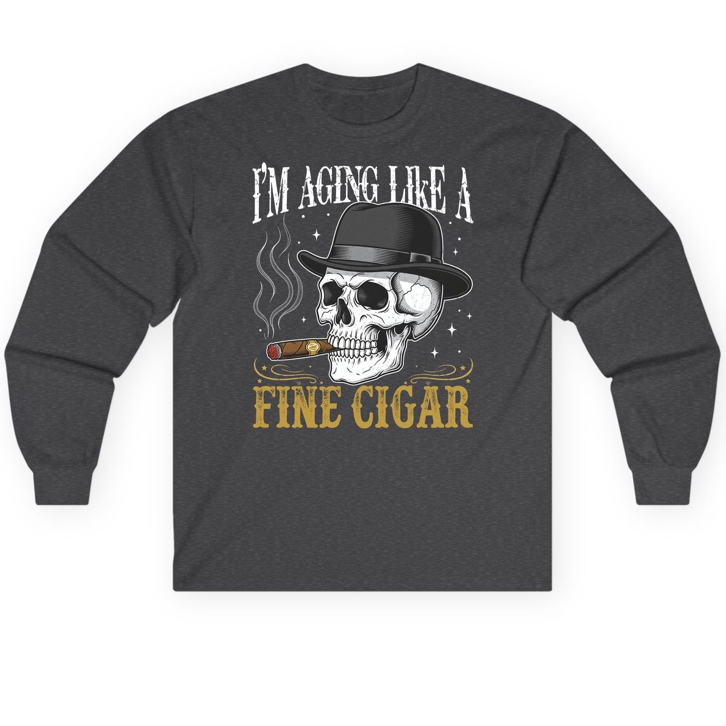 I'm Aging Like a Fine Cigar smoking skull Long Sleeve Tee Dark Heather product mockup