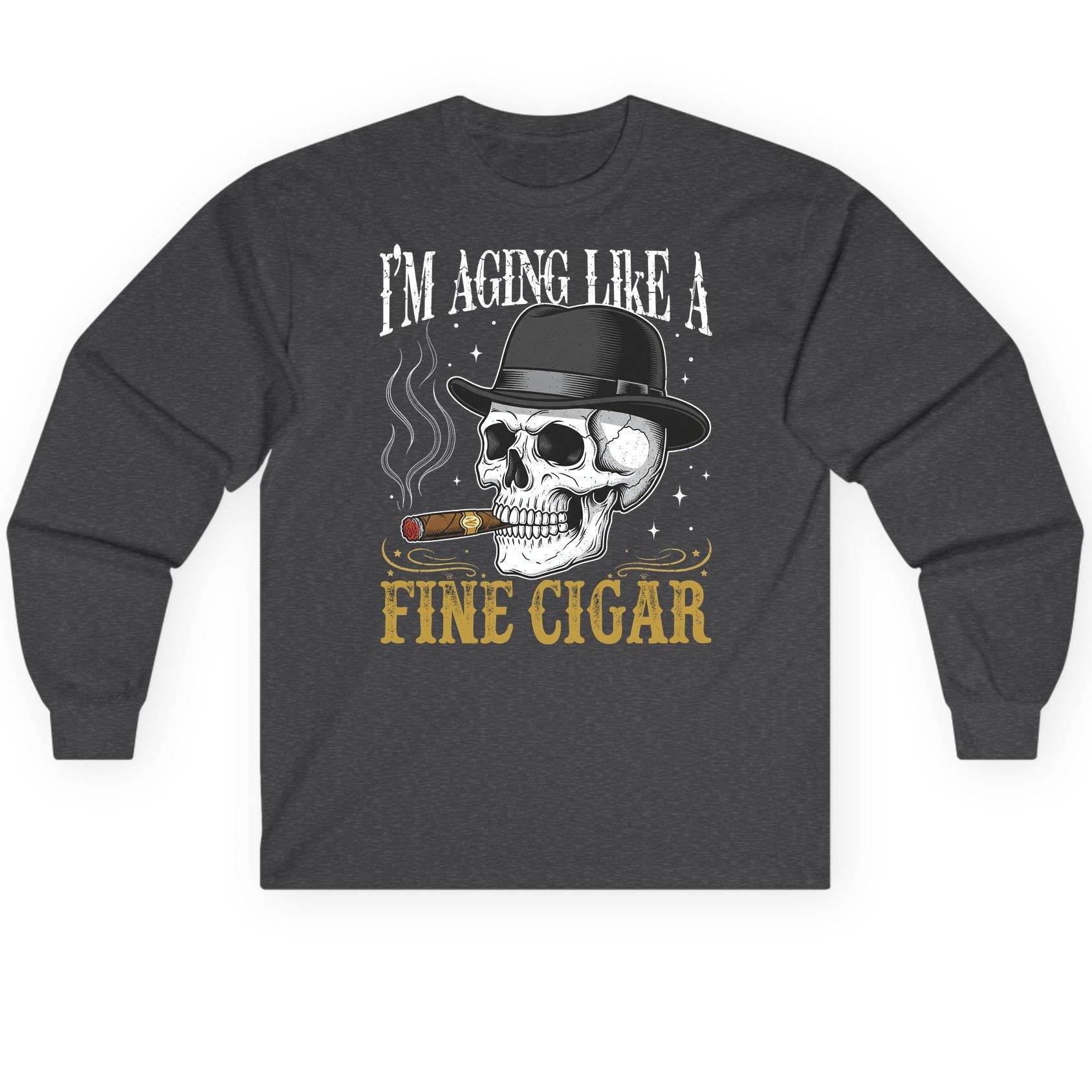 I'm Aging Like a Fine Cigar smoking skull Long Sleeve Tee Dark Heather product mockup
