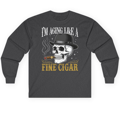 I'm Aging Like a Fine Cigar smoking skull Long Sleeve Tee Dark Heather product mockup