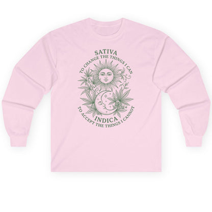 SATIVA TO CHANGE THE THINGS I CAN INDICA TO ACCEPT Long Sleeve Tee - product mockup - Light Pink