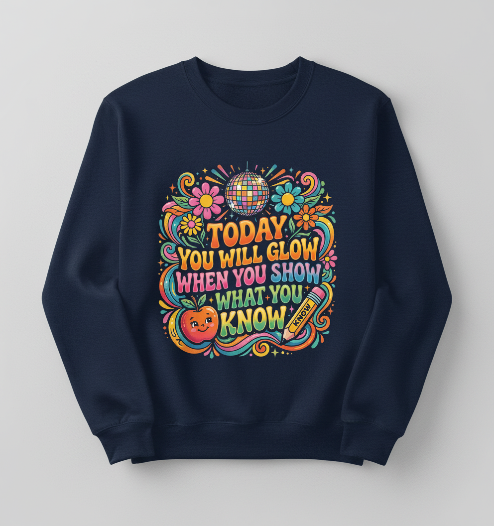 Groovy Teacher Motivational Quote "Today You Will Glow" Sweatshirt - Navy