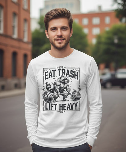 Eat Trash Lift Heavy raccoon Long Sleeve Tee White lifestyle mockup