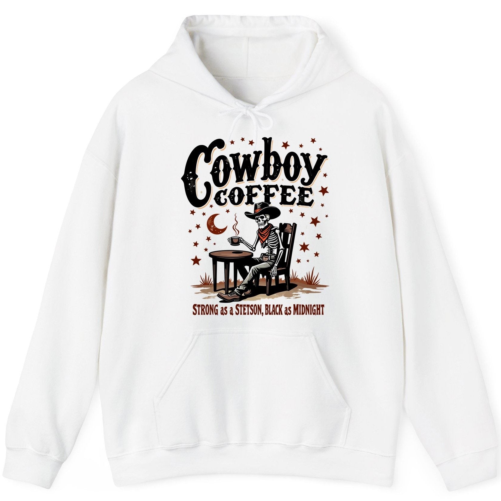 Cowboy Coffee Strong as a Stetson, Black as Midnight cowboy skeleton Hoodie White product mockup