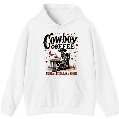 Cowboy Coffee Strong as a Stetson, Black as Midnight cowboy skeleton Hoodie White product mockup
