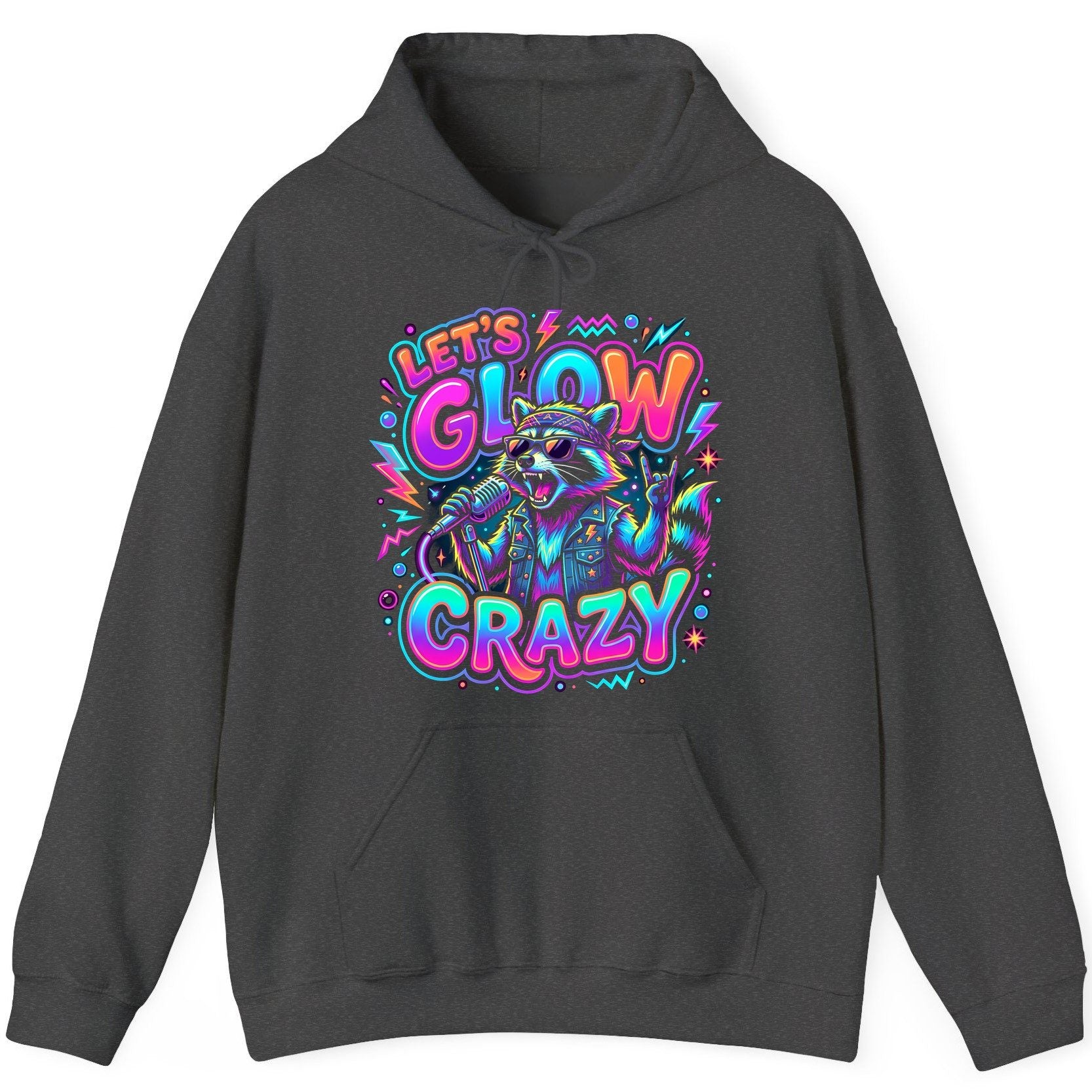 Let's Glow Crazy Funny Rockstar Raccoon Hoodie - product mockup - Dark Heather