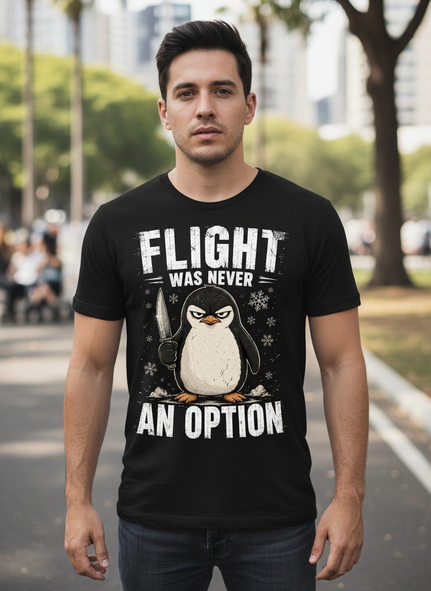 Flight Was Never an Option Funny Penguin T-Shirt - lifestyle model mockup - Black