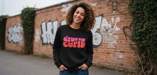 Stupid Cupid anti-Valentine's Day Sweatshirt Black lifestyle mockup