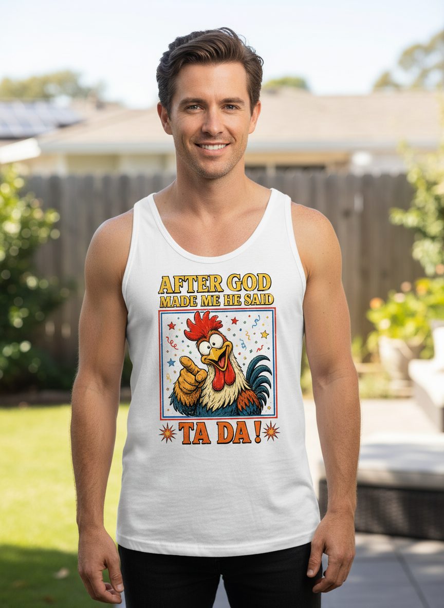 AFTER GOD MADE ME HE SAID TA DA Funny Rooster Tank Top - lifestyle model mockup - White