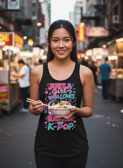 Just a Girl Who Loves Ramen and K-Pop and Ramen Tank Top - lifestyle model mockup - Black