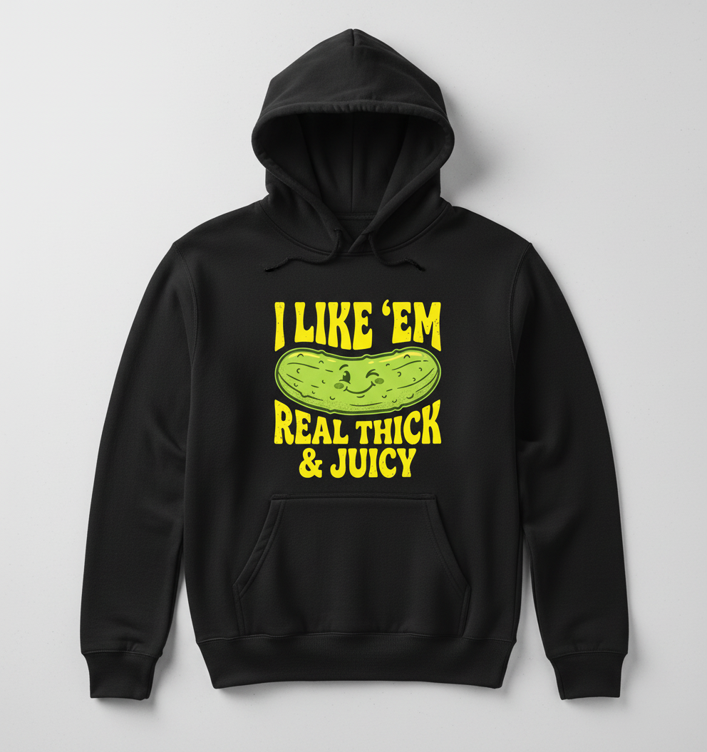 I Like 'Em Real Thick & Juicy Pickle Funny Food Pun Hoodie - Black