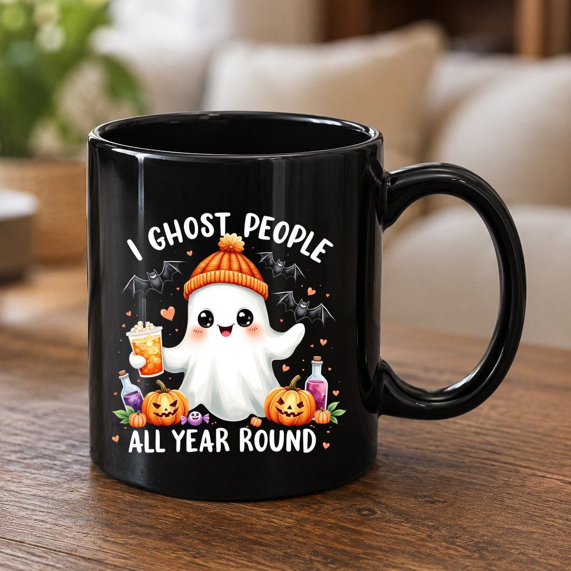 I Ghost People All Year Round cute ghost Black Mug Black product mockup