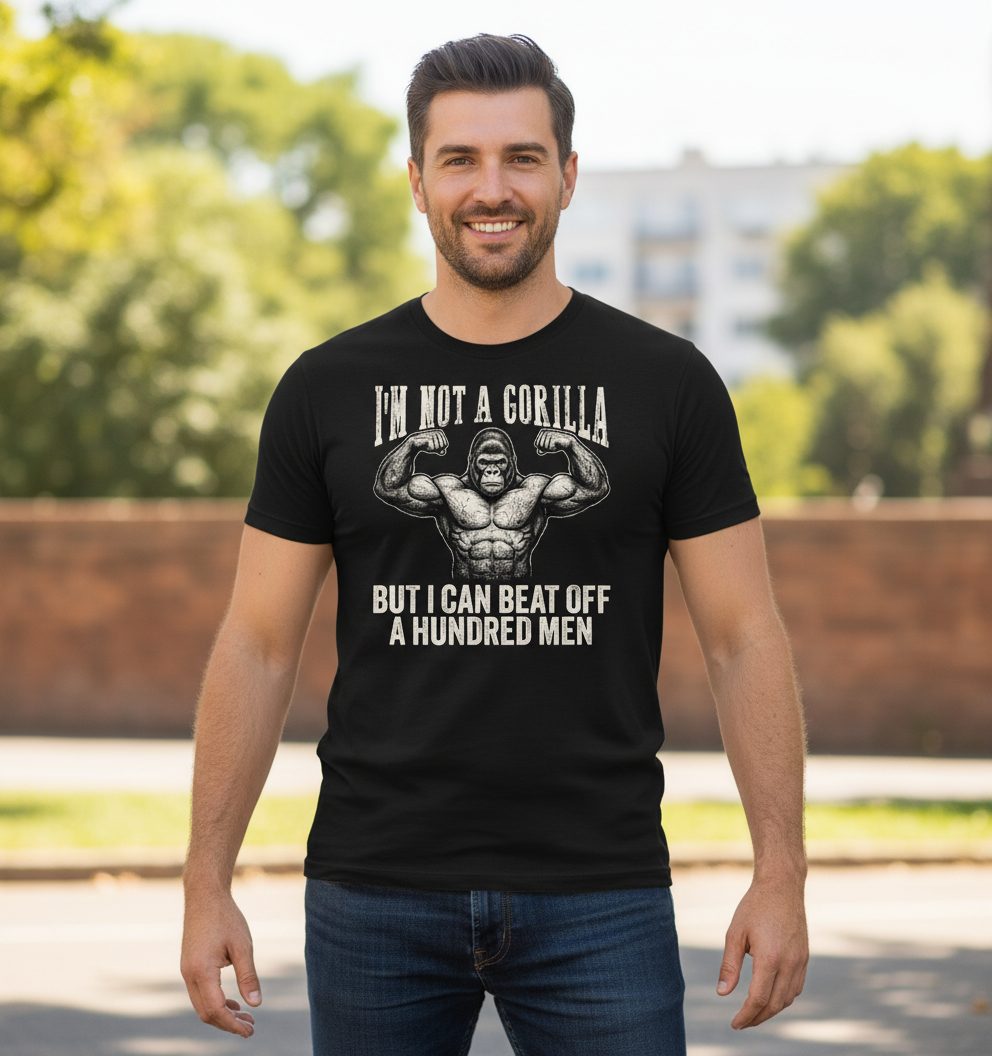 I'm Not a Gorilla but I Can Beat Off a Hundred Men gorilla T-Shirt Black lifestyle mockup
