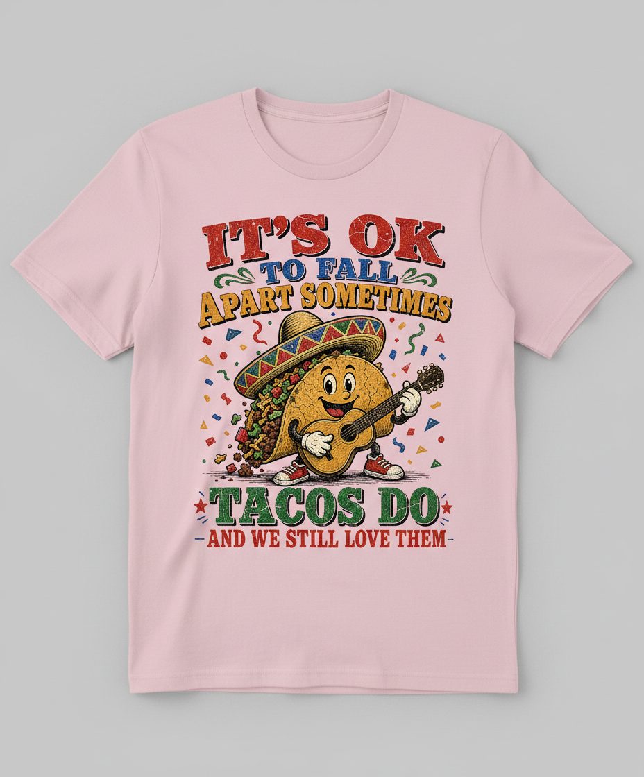 IT'S OK TO FALL APART Sometimes TACOS DO AND WE STILL LOVE T-Shirt - product mockup - Light Pink