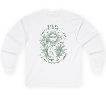 SATIVA TO CHANGE THE THINGS I CAN INDICA TO ACCEPT Long Sleeve Tee - product mockup - White
