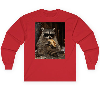 Raccoon Eating Taco Funny Animal Lovers Long Sleeve Tee - product mockup - Red