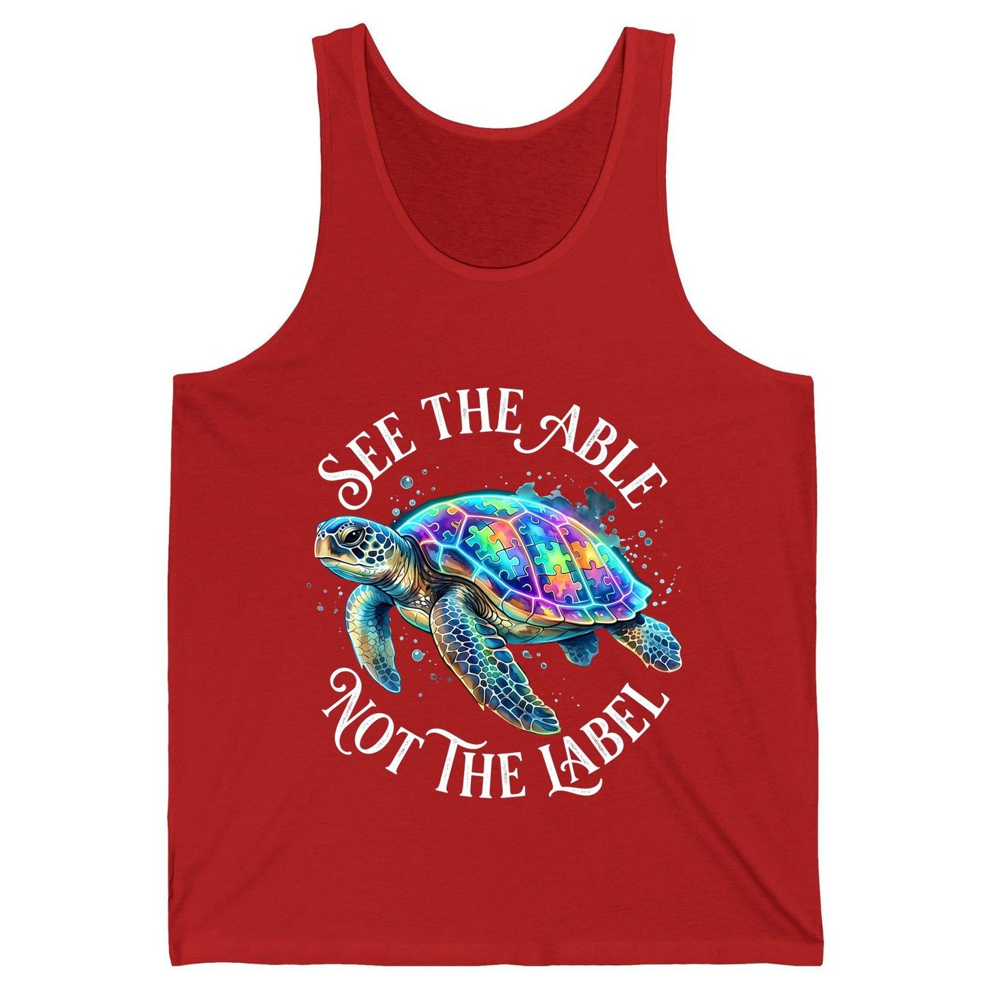 See the Able Not the Label Autism Awareness Tank Top - product mockup - Red