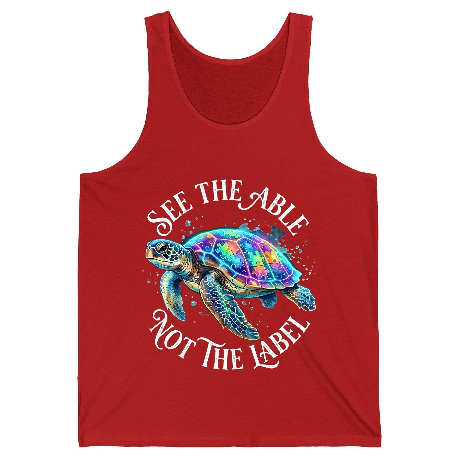 See the Able Not the Label Autism Awareness Tank Top - product mockup - Red