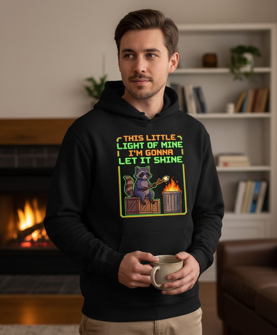 THIS LITTLE LIGHT OF MINE I'M GONNA LET IT SHINE Raccoon Hoodie Black lifestyle mockup