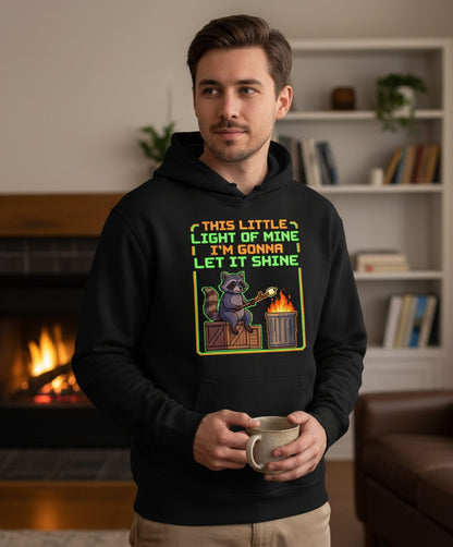 THIS LITTLE LIGHT OF MINE I'M GONNA LET IT SHINE Raccoon Hoodie Black lifestyle mockup
