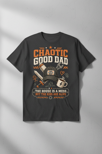Chaotic Good Dad. The House Is A Mess But The Kids Are Alive. Funny Chaotic Good Dad T-Shirt - product mockup - Dark Heather