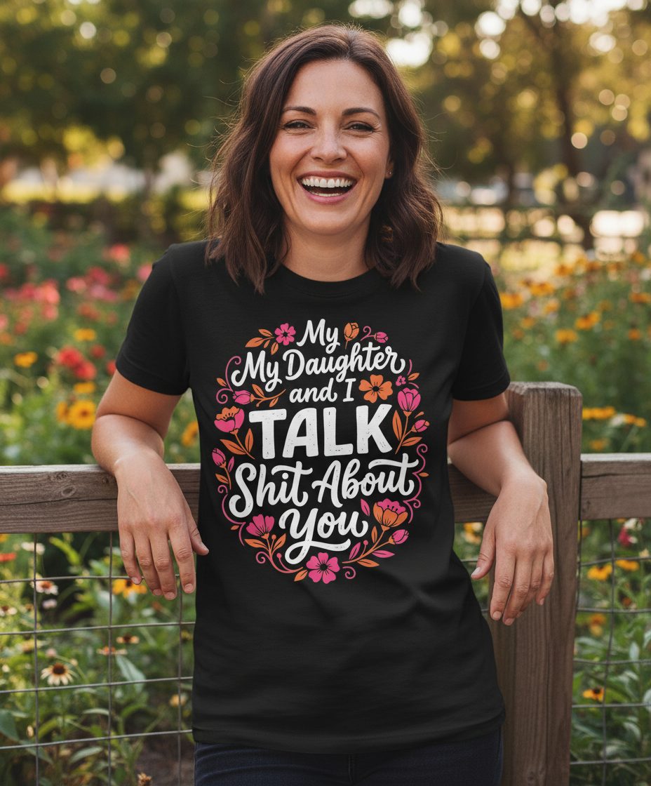 My Daughter and I TALK Shit About You Funny Mother T-Shirt - lifestyle model mockup - Black