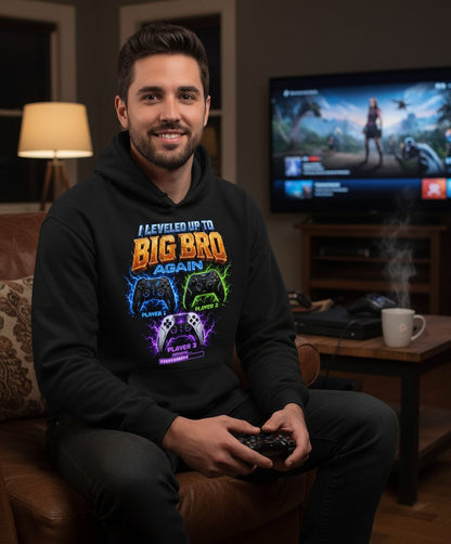 I Leveled Up to Big Bro Again Gamer Brother Hoodie - lifestyle model mockup - Black