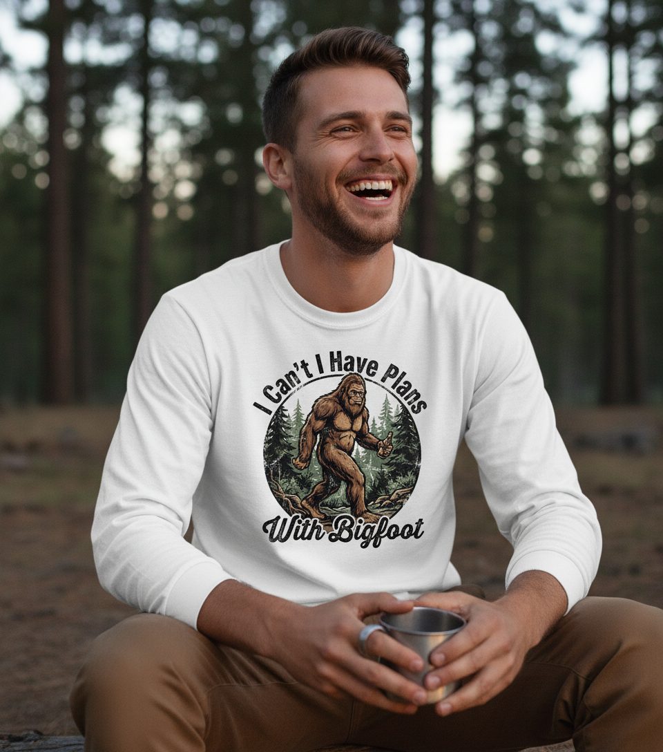 I Can't I Have Plans with Bigfoot bigfoot Long Sleeve Tee White lifestyle mockup