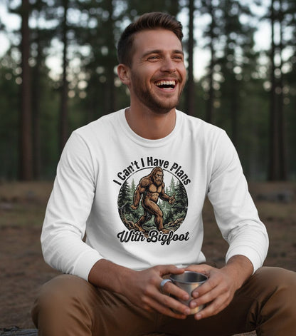 I Can't I Have Plans with Bigfoot bigfoot Long Sleeve Tee White lifestyle mockup