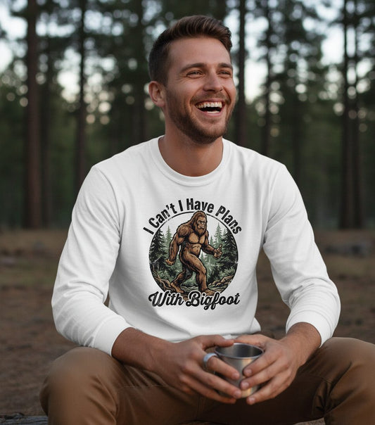 I Can't I Have Plans with Bigfoot bigfoot Long Sleeve Tee White lifestyle mockup