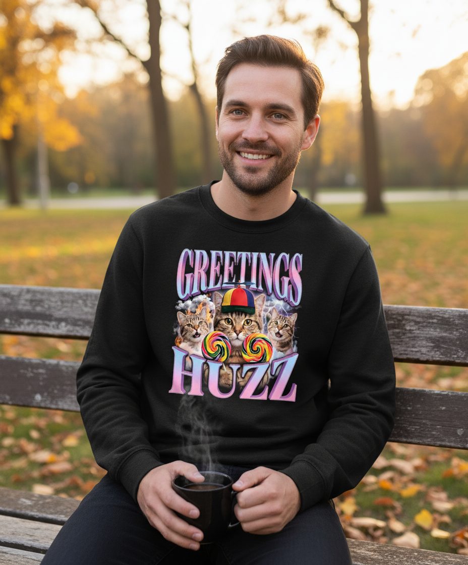 Greetings Huzz Funny Cats Sweatshirt - lifestyle model mockup - Black