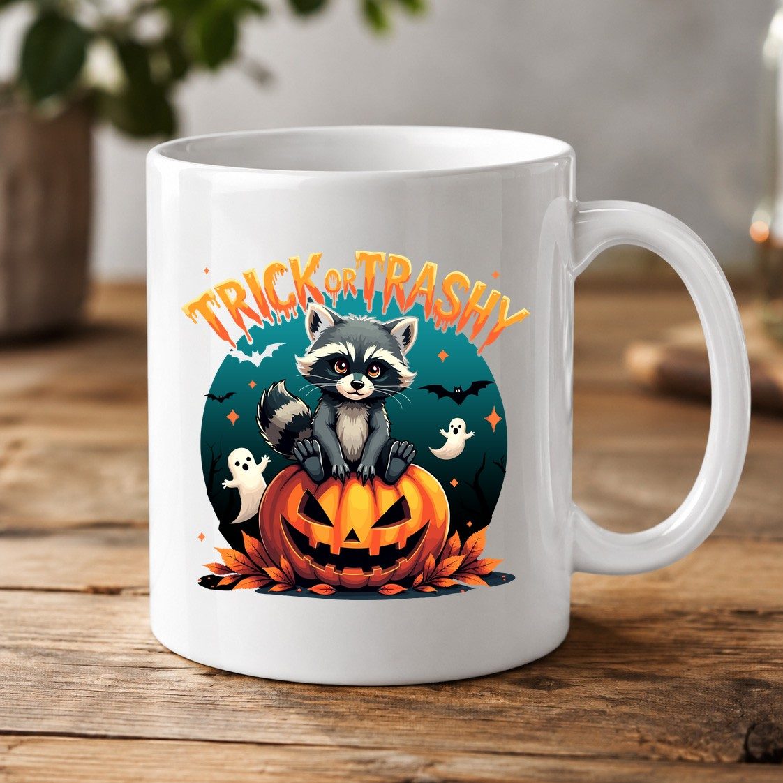 Trick or Trashy Halloween raccoon White Mug White product mockup