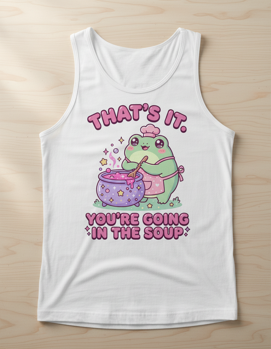 Kawaii Frog Chef 'You're Going In The Soup' Funny Meme Design Tank Top - White