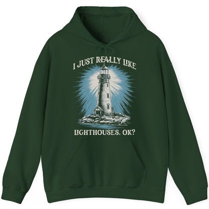I Just Really Like Lighthouses, Ok? lighthouse Hoodie Forest Green product mockup