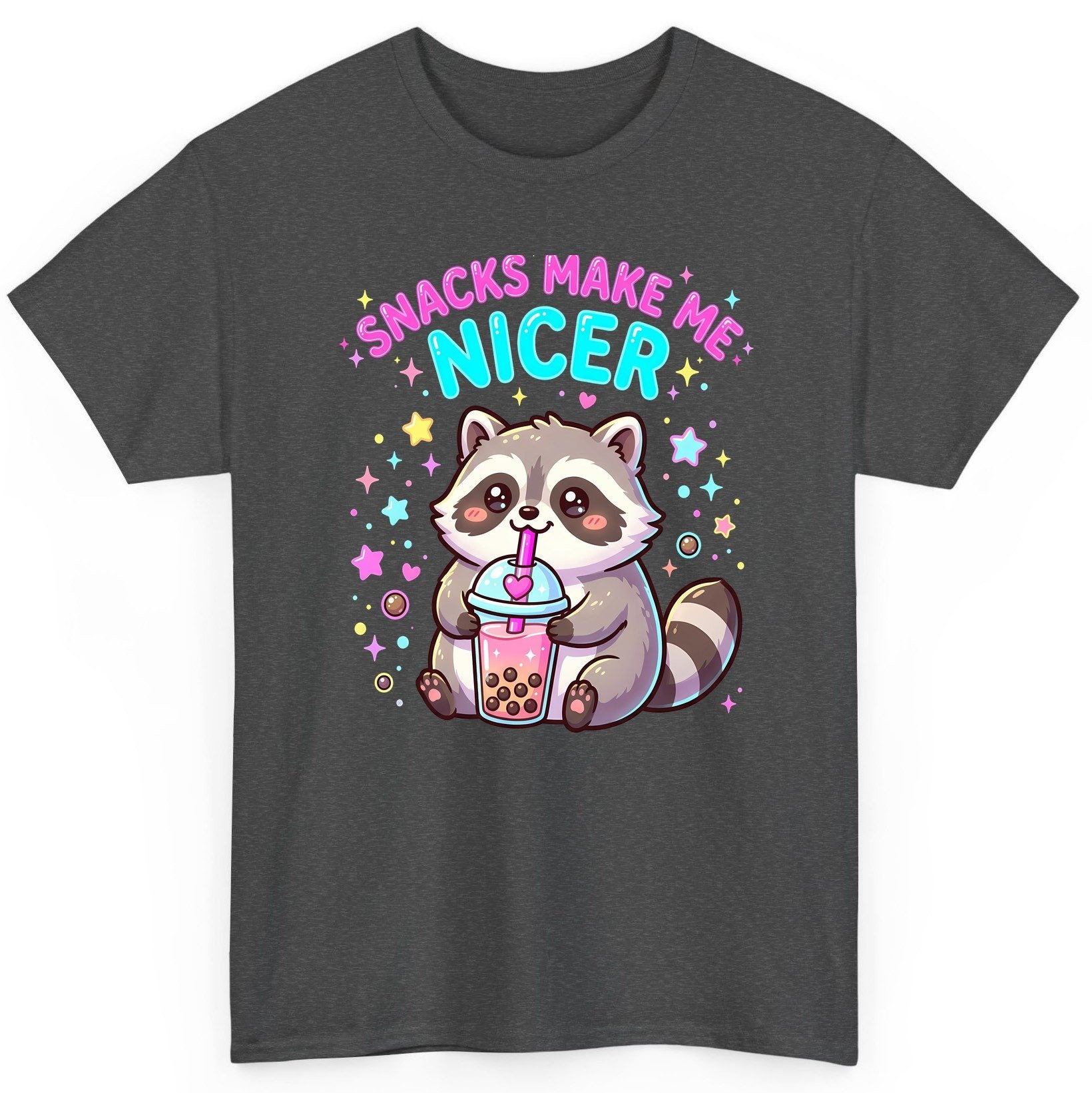 SNACKS MAKE ME NICER Funny Raccoon T-Shirt - product mockup - Dark Heather