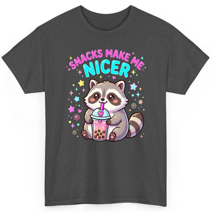 SNACKS MAKE ME NICER Funny Raccoon T-Shirt - product mockup - Dark Heather