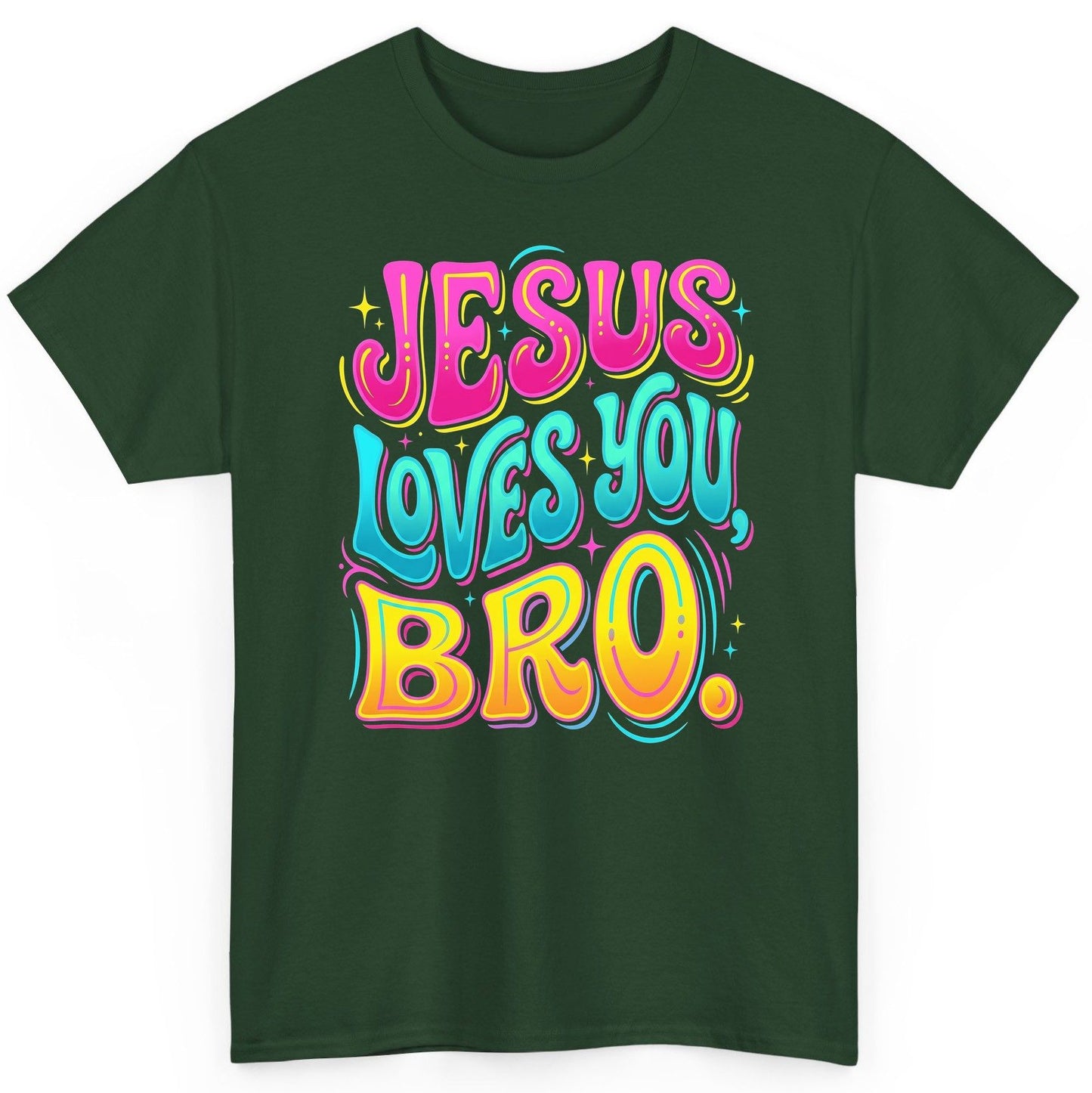 JESUS LOVES YOU BRO Retro Christian T-Shirt - product mockup - Forest Green