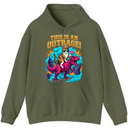 THIS IS AN OUTRAGE! Cat riding a T-Rex Hoodie Military Green product mockup