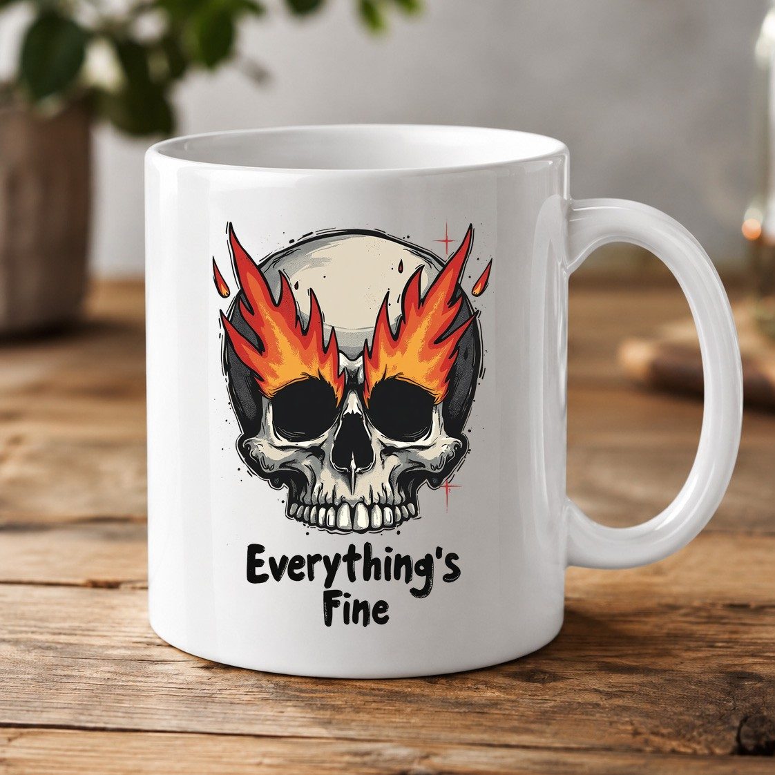 Everything's Fine flaming skull White Mug White product mockup