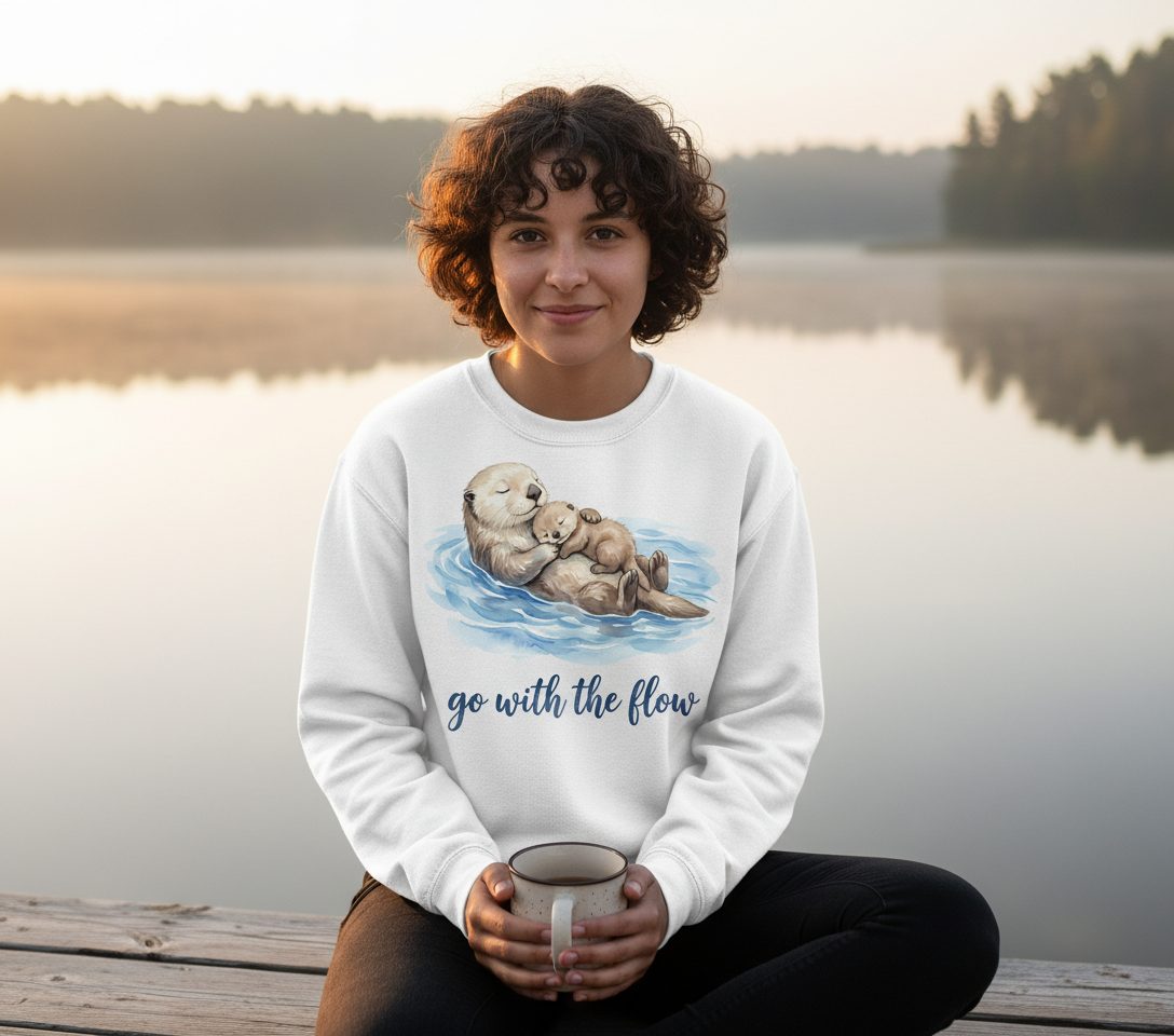 Go with the Flow Sea Otters Sweatshirt - lifestyle model mockup - White
