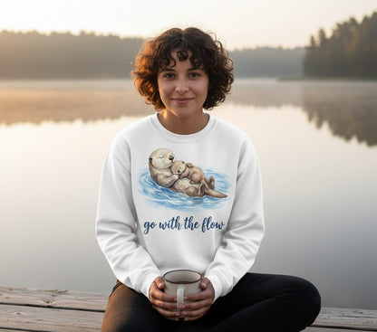 Go with the Flow Sea Otters Sweatshirt - lifestyle model mockup - White