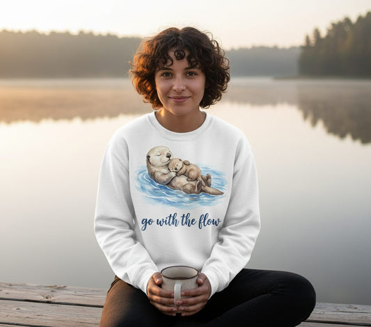 Go with the Flow Sea Otters Sweatshirt - lifestyle model mockup - White
