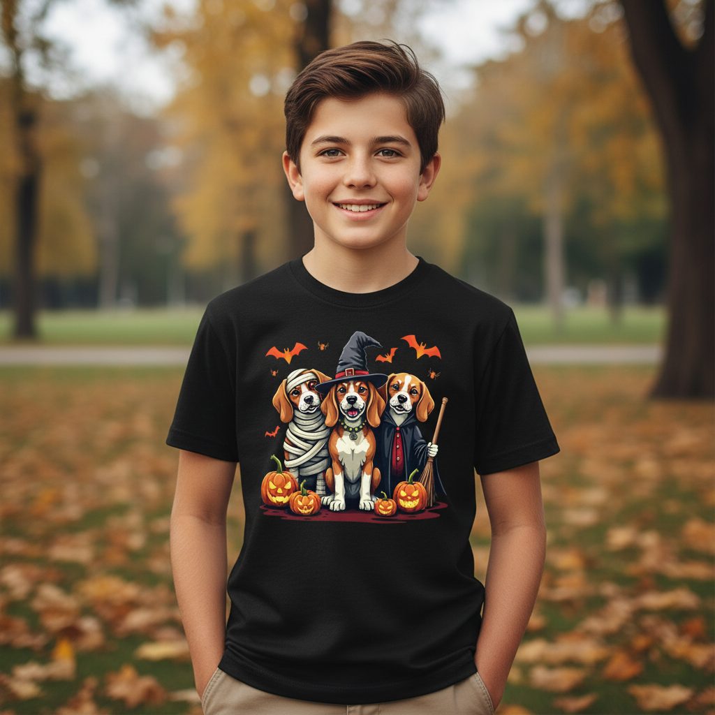 Halloween Beagles Costume beagles in Halloween costumes Youth T-Shirt Black lifestyle mockup