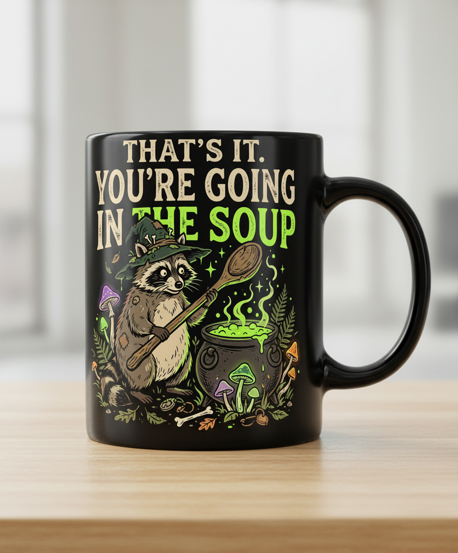 That's It You're Going In The Soup Raccoon Witch Black Mug - Black