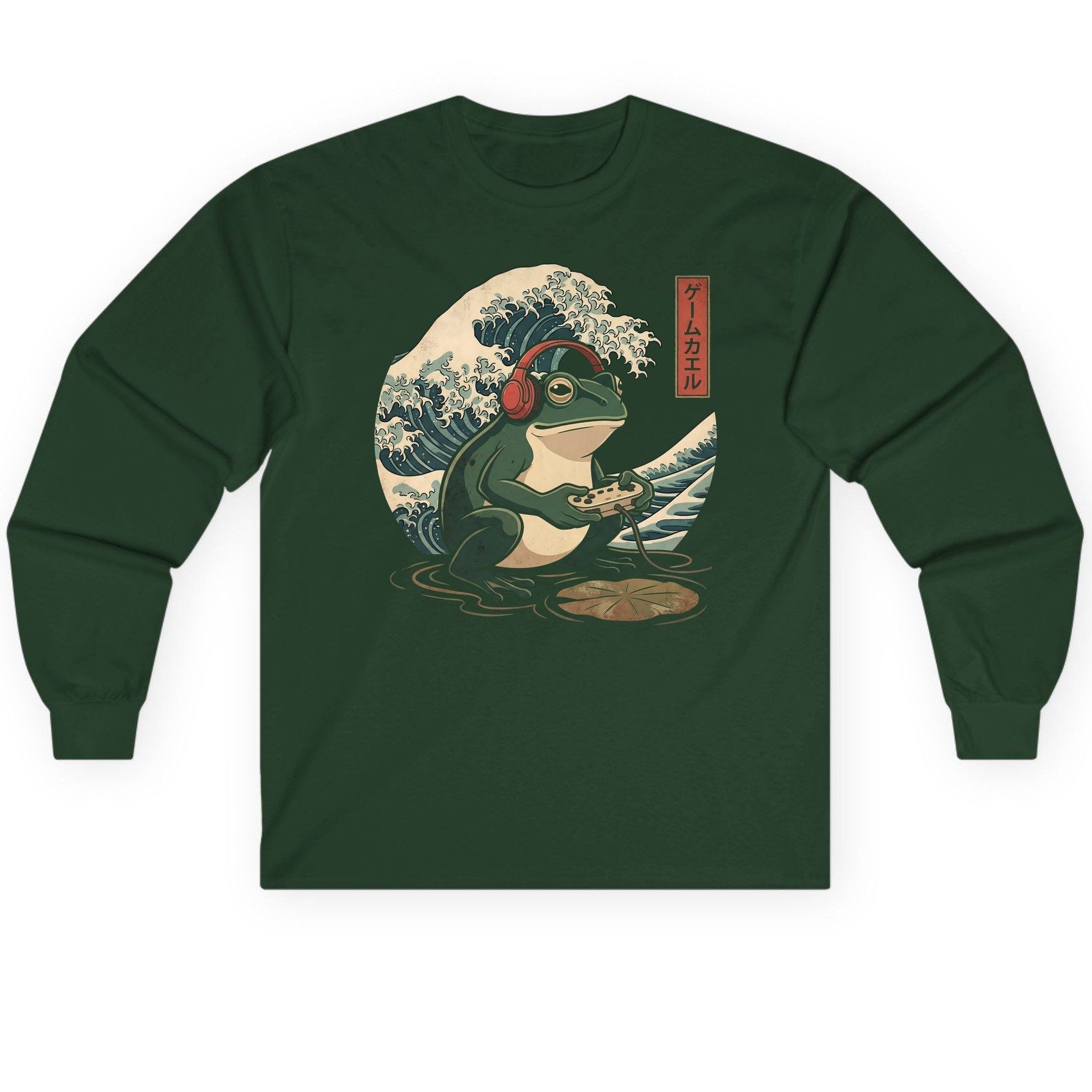 ゲームカエル gamer frog Long Sleeve Tee Forest Green product mockup